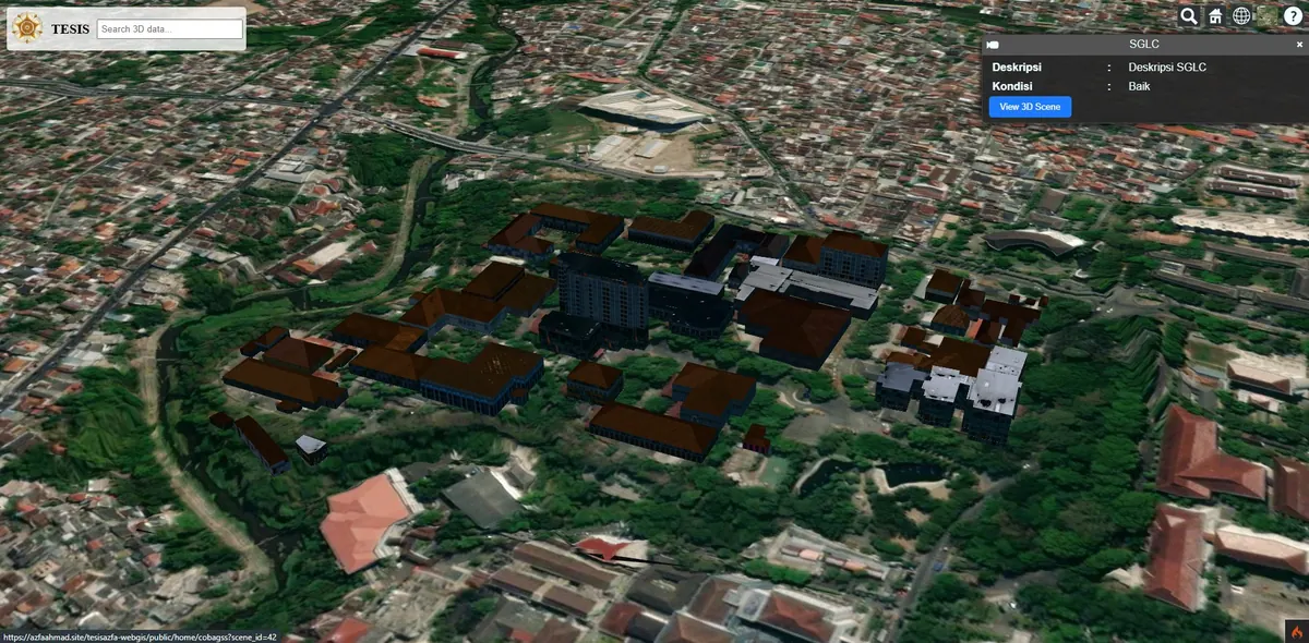Visualisasi topografi dan bangunan 3D menggunakan WebGL self-hosted, tanpa ketergantungan penyedia pihak ketiga.