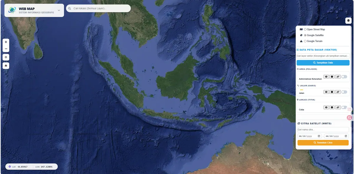 Sistem WebGIS berskala Geoportal standar OGC (WMS/WFS) untuk manajemen data spasial masif dan raster time-series.