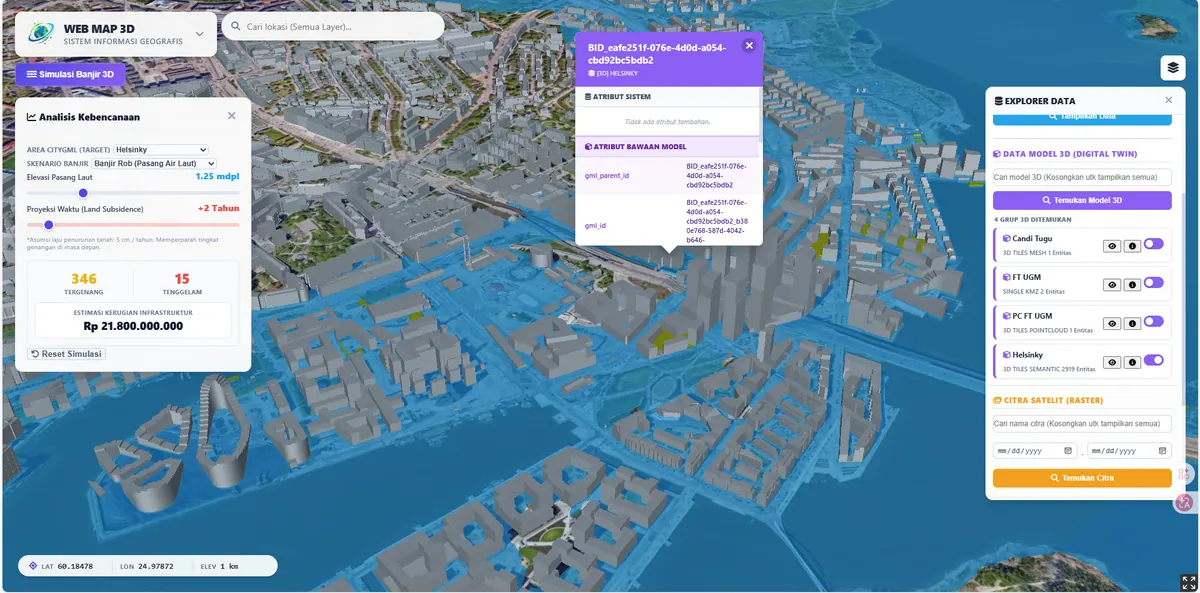 A Digital Twin prototype combining CityGML/CityJSON with 3D Tiles (photogrammetry, point clouds) and individual 3D models in one web platform.